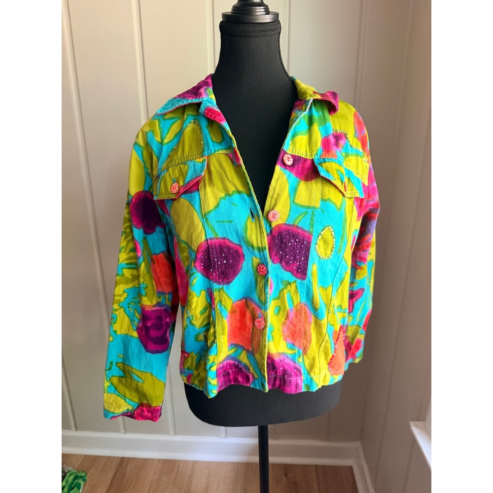 CHOICES Watercolor Aqua Pink Green Tropical Blazer Jacket Y2K Wearable Art PL